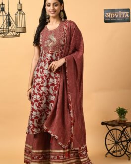 Maroon Printed Straight Suit With Dupatta