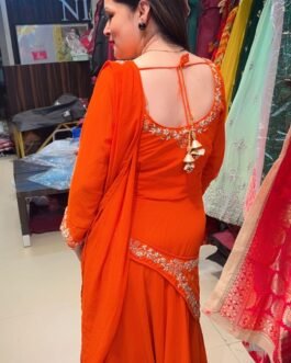 Georgette fabric with embroidery, Gown saree Orange colour