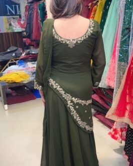 Georgette fabric with embroidery, Gown saree Mehendi green colour